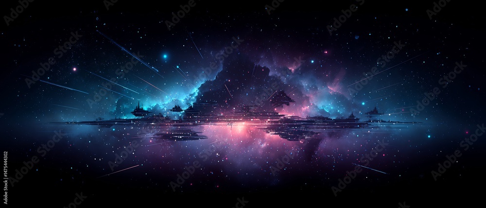 Fototapeta premium Celestial Metropolis: A Cosmic Cityscape with Reflective Galaxy Surface