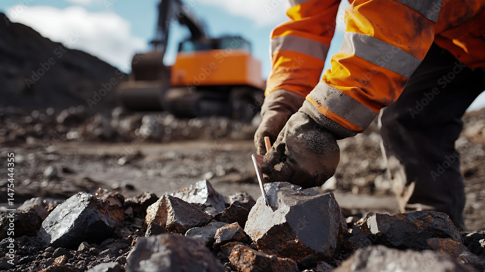 Fototapeta premium Miner Examining Rocks at a Construction Site