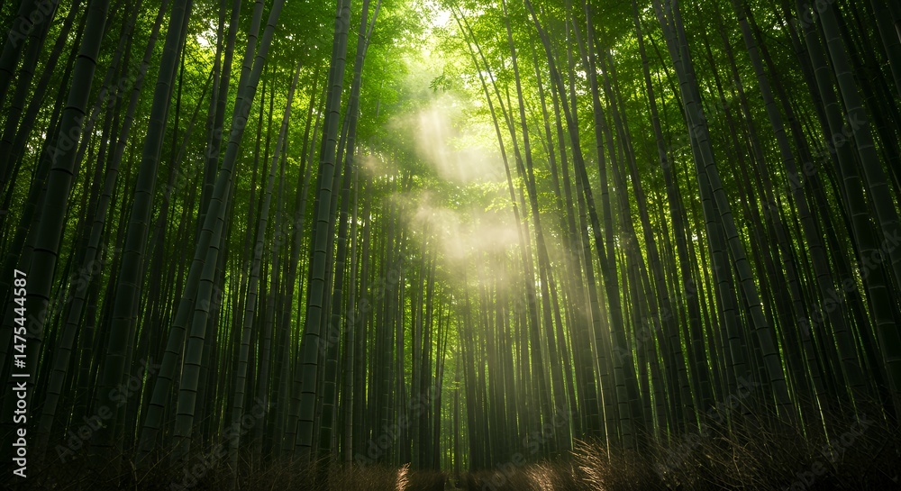 Obraz premium Sunlit Bamboo Forest A Serene and Peaceful Nature Scene