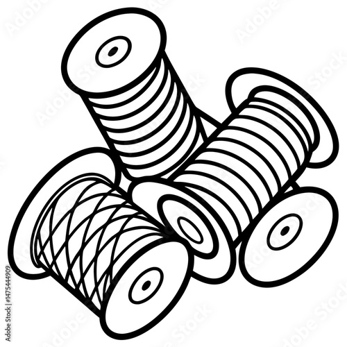 Spools of thread in black and white vector style illustration