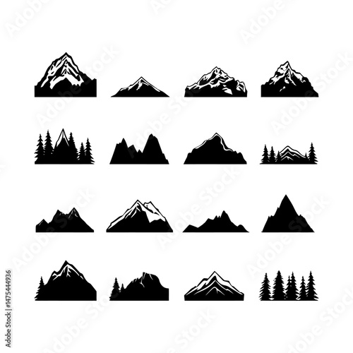Mountain Peak at Dusk Silhouette Clipart on White Background