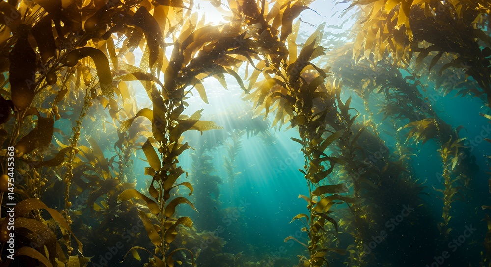 Obraz premium Underwater Kelp Forest Sunlight Filtering Through the Lush Seaweed
