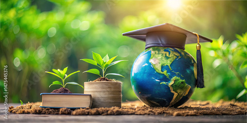 Graduation caps adorn a globe symbolizing knowledge while young plants grow nearby. A book lies open next to a pot, highlighting a blend of education and nature at sunrise