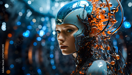 Wallpaper Mural Futuristic female cyborg portrait with intricate cybernetic details and glowing elements. AI, robotics, and advanced technology concept for a sci-fi vision. Cyborg 4K Wallpaper backgrounds Torontodigital.ca