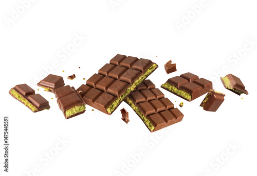 Crushed Dubai chocolate in the air. Dubai chocolate is made with pistachio paste and kadayif