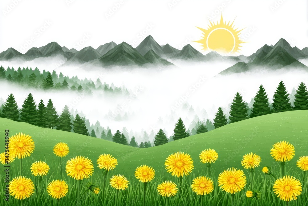 Fototapeta premium Sunny Meadow Landscape with Mountains - Dandelions bloom in a vibrant green meadow, nestled amongst rolling hills and a majestic mountain range under a bright sun