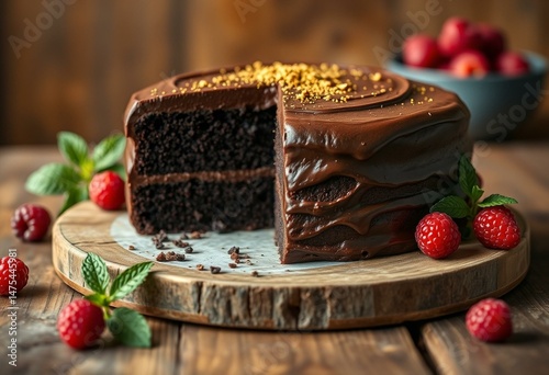 Delicious vegan chocolate cake with rich frosting and edible gold dust