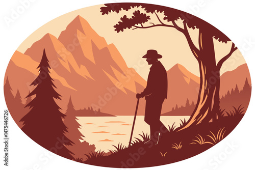 77 Circular composition, silhouette of man with hat and walking stick, sunset landscape, mountains, lake, trees, warm orange tones, backlit scene, dramatic sky, lone figure, peaceful atmosphere, refle