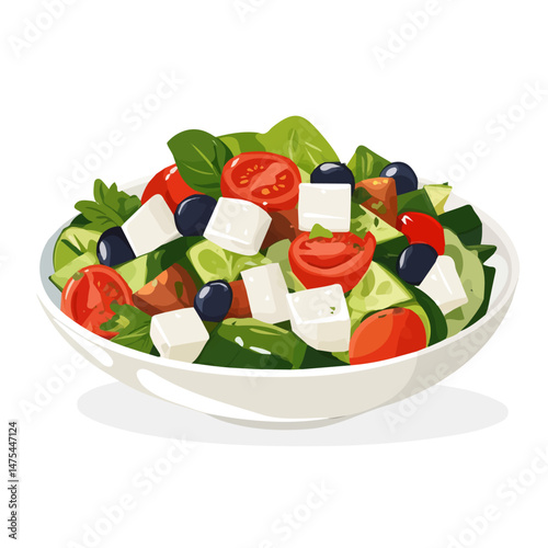 2D flat Greek Salad vector illustration, isolated on a white background.