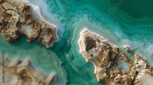 Fototapeta Naklejka Na Ścianę i Meble -  Aerial view of salt formations creating intricate patterns in the turquoise water of the dead sea .