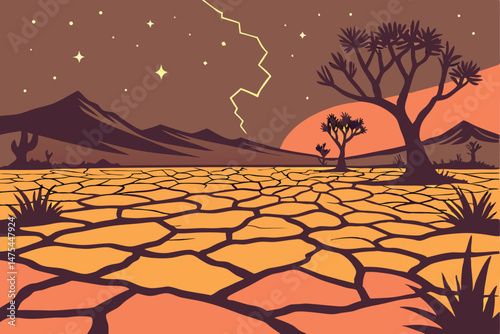 78 Desert landscape, sunset sky, starry night, cracked earth, glowing embers, scattered lights, barren terrain, distant mountains, silhouetted vegetation, ethereal atmosphere, magical realism, long ex