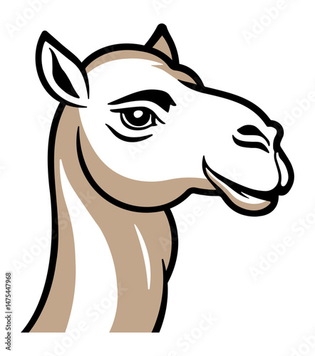 Minimalist camel head illustration with black outline and beige fill, isolated on transparent background