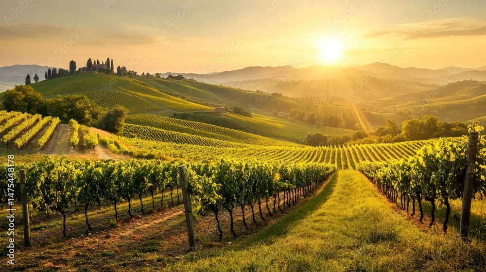 Fototapeta premium A beautiful vineyard landscape bathed in warm golden sunlight