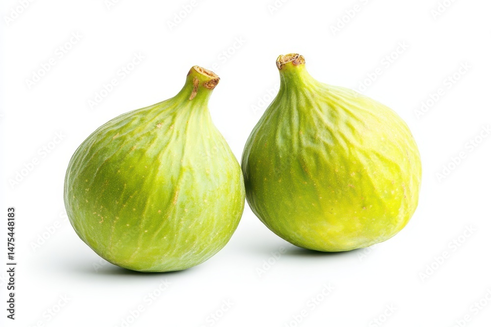 Obraz premium Two green figs are displayed against a stark white background in a studio setting