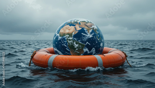 A globe is balanced on a bright lifebuoy, floating in rough sea waters. Dark clouds dominate the sky, creating a dramatic atmosphere of urgency and concern about environmental issues