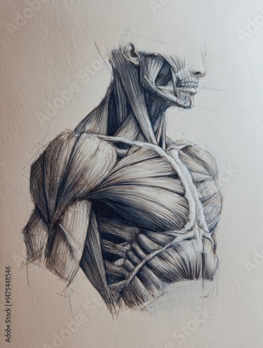 Anatomical Muscle Drawing Over Soft Neutral Background Showcasing Human Muscular Structure and Details of Anatomy