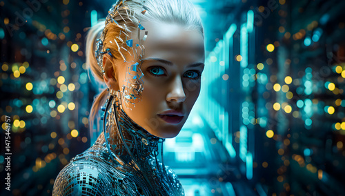 Futuristic female cyborg portrait with intricate cybernetic details and glowing elements. AI, robotics, and advanced technology concept for a sci-fi vision. Cyborg 4K Wallpaper backgrounds