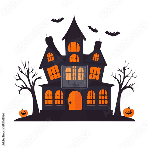 2D flat Halloween Haunted House vector illustration, isolated on a white background.