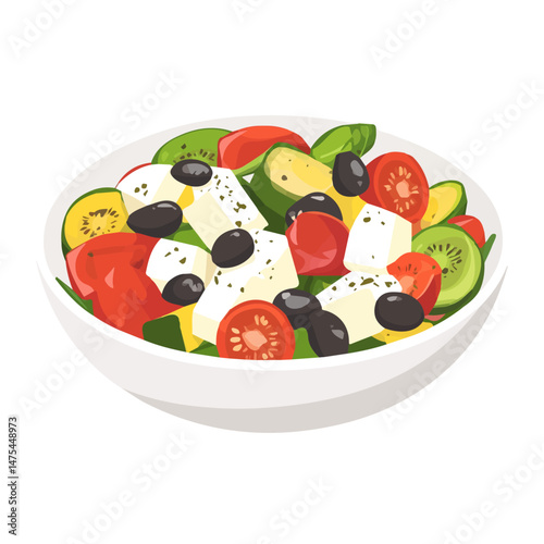 Greek Salad 2D flat vector illustration, isolated on a white background.