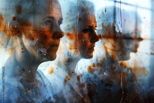 A thoughtful middle-aged woman with light hair gazes through a rain-streaked glass, reflecting layers of emotion and contemplation.