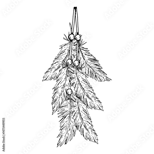 Vector illustration of six hanging feathers with beads, in black and white ink style. Esoteric ethnic decoration inspired by dreamcatchers, used in rituals, interiors, crafts, and spiritual design.