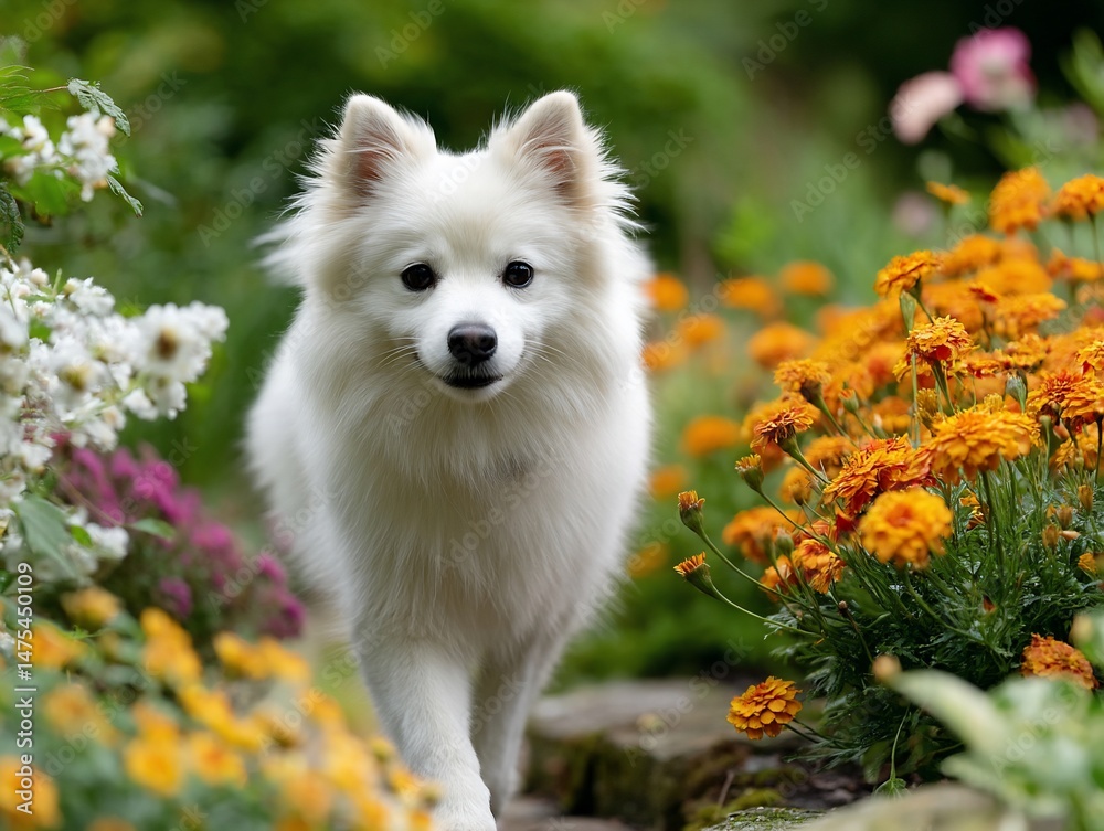 Fototapeta premium White spitz in a blooming garden