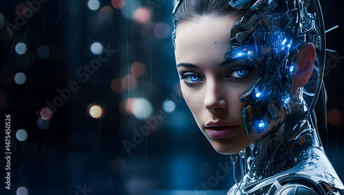 Futuristic female cyborg portrait with intricate cybernetic details and glowing elements. AI, robotics, and advanced technology concept for a sci-fi vision. Cyborg 4K Wallpaper backgrounds