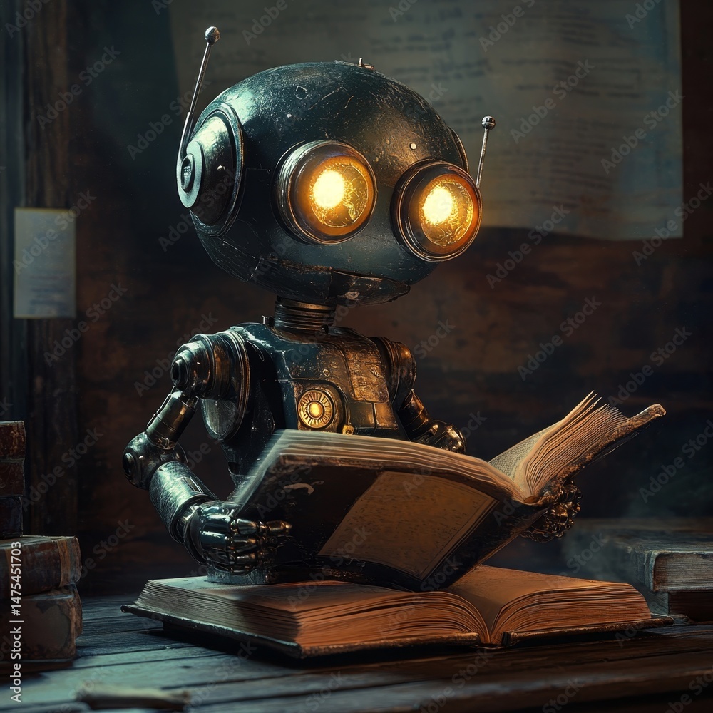 Fototapeta premium Vintage robot reading a book in old library with moody lighting and retro charm.