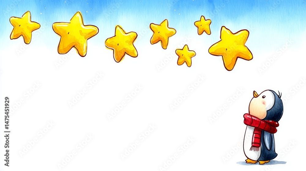 Fototapeta premium Watercolor Penguin Gazing at Stars - A cute penguin, wearing a warm scarf, looks up in wonder at a cluster of golden stars against a light blue watercolor sky. Symbolizing: hope, dreams, wonder