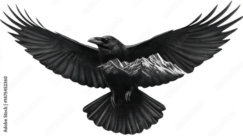 Obraz premium Watercolor Raven Soaring Over Mountains - A majestic raven in flight, its wings encompassing a scenic mountain range. Symbolizing freedom, mystery, wisdom, power, and the journey of life