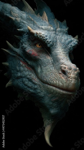 Close-up portrait of a mythical blue dragon's head.