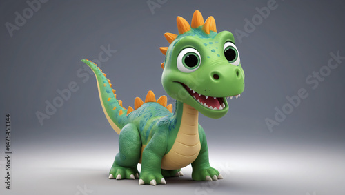 Fototapeta Naklejka Na Ścianę i Meble -  Cute Cartoon Dinosaur with Adorable Big Eyes and Friendly Expression. Charming digitally rendered illustration of a green cartoon dinosaur with a cheerful expression. Suitable for children's media