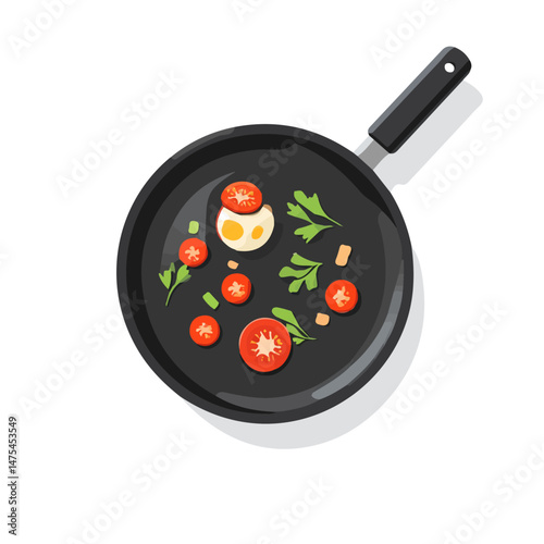 2D flat Frying Pan With Food vector illustration, isolated on a white background.