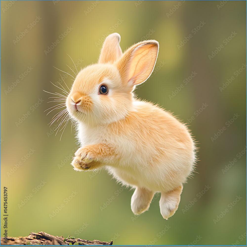 Fototapeta premium Cute Bunny Leaping with Spring Meadow.