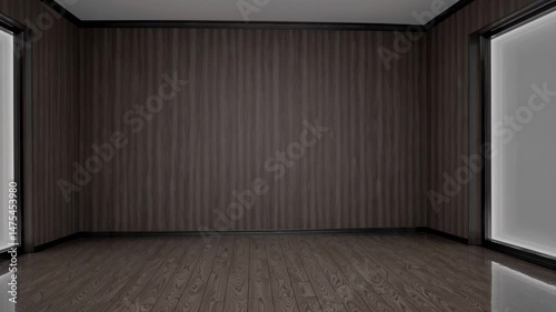 Wallpaper Mural Empty dark room with wooden floor and striped wallpaper, illuminated by soft natural light from large windows

 Torontodigital.ca