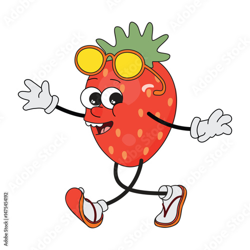 Groovy funky strawberry with sunglasses. Cartoon character actively walking, wearing flip-flops. Funny emotional fruit with gesticulating hands. Vector design on white background. For use in banner