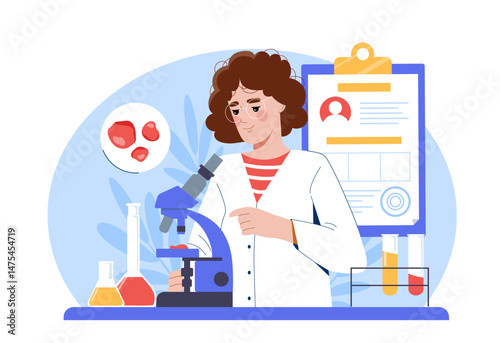 Female scientist analyzing red blood cells using a microscope, surrounded by lab equipment and test tubes, in flat cartoon style on a white background. Concept of medical research. Vector illustration