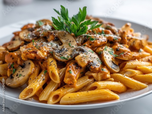 Penne pasta dish served wit...