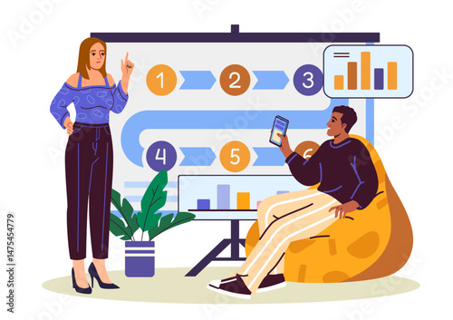 Two coworkers discussing a project plan with a step-by-step infographic on a screen, modern flat style, on white background. Concept of teamwork and planning. Vector illustration
