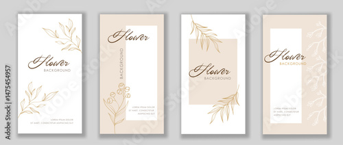 Set of four elegant vertical cards with minimalist floral line art in gold on soft beige and white backgrounds, ideal for botanical themes. Vector illustration