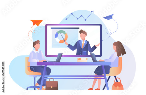 Businesspeople attending a meeting with charts on screen, modern flat style, white and blue background, concept of teamwork and planning. Vector illustration
