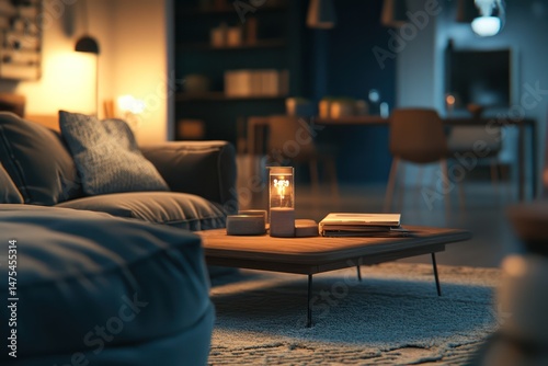 Cozy living room illuminated by soft lamp light.  Modern, comfortable furniture, warm tones, and inviting atmosphere