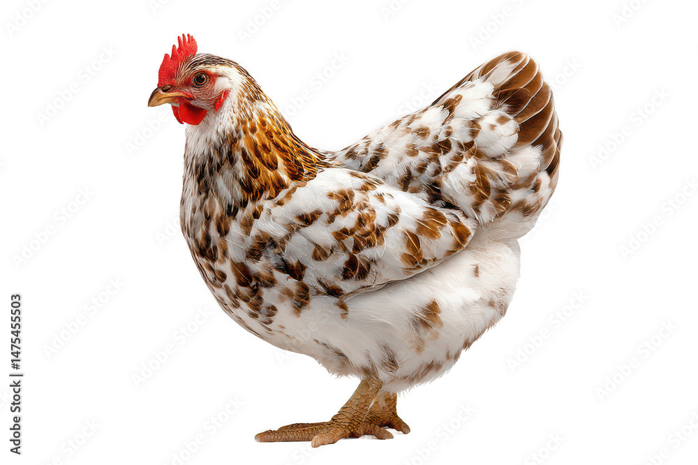 Fototapeta premium Beautifully patterned hen showcasing unique feathers and vibrant colors in an isolated setting with a transparent background