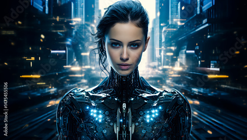 Futuristic female cyborg portrait with intricate cybernetic details and glowing elements. AI, robotics, and advanced technology concept for a sci-fi vision. Cyborg 4K Wallpaper backgrounds