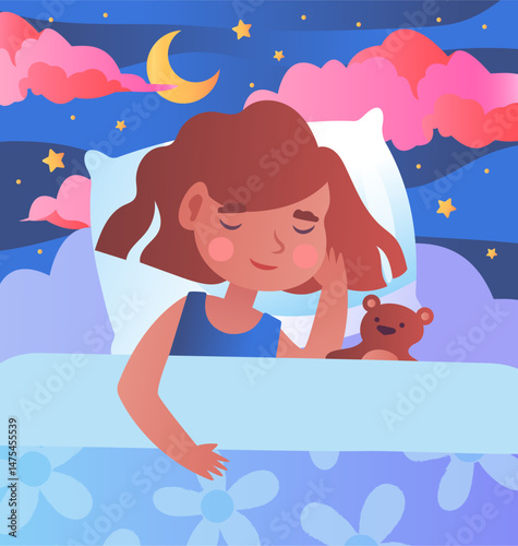 A young girl sleeping with a teddy bear under a blanket, dreamy night sky with stars, moon, and clouds in the background. Concept of peaceful sleep. Vector illustration