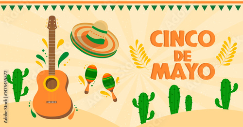 Festive Cinco de Mayo poster with guitar, maracas, sombrero, and cacti in a flat graphic style on a beige radial background. Celebration and culture. Vector illustration