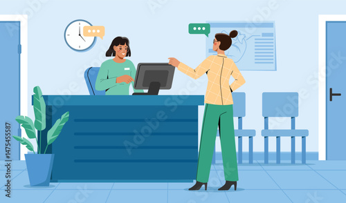 Woman talking to receptionist at front desk, flat graphic style, indoor clinic background with chairs and clock, concept of customer service. Vector illustration