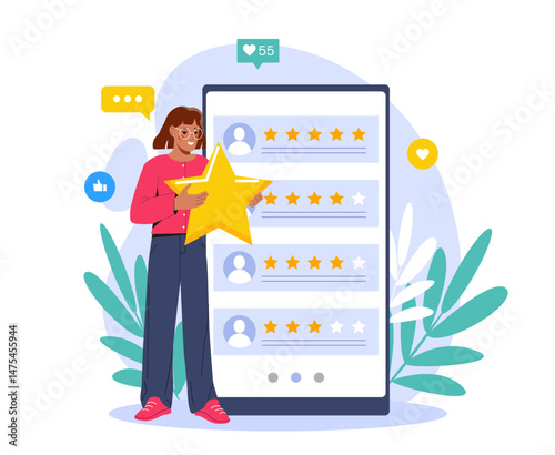 A woman holding a star stands in front of a large mobile interface displaying user ratings and reviews, flat design on white background. Concept of feedback. Vector illustration