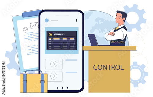 Airport control scene with officer at desk, large mobile phone showing flight departures, suitcase, and clipboard, flat style on white background. Concept of travel. Vector illustration