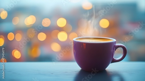 Wallpaper Mural Warm cup of coffee on a windowsill, steaming, bokeh lights Torontodigital.ca